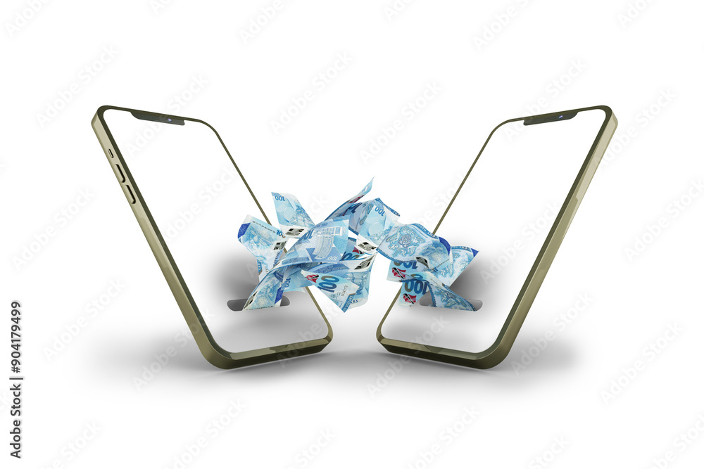 Poster sending and receiving trinidad and tobago dollar notes from one mobile phone to another. online mone