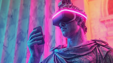 Roman Statue Wearing Neon VR Headset And Holding Smartphone In Futuristic Setting