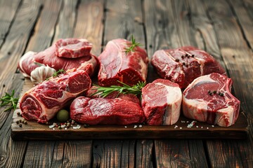 Assorted raw meat cuts including ribeye and filet mignon