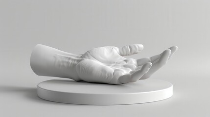 A white ceramic hand sculpture with an open palm, resting on a circular base. The hand appears to be offering something.