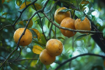 Bael fruit hanging on tree viewed from below