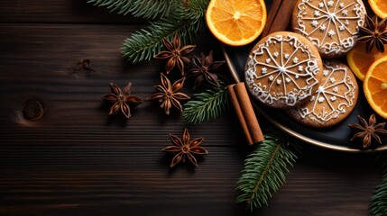 Obraz premium Fresh ginger cookies, spruce branches and citrus fruits on a dark background. Festive mood. Happy New Year concept