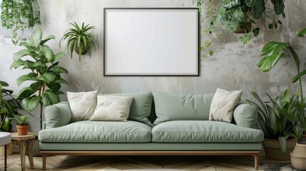 Mockup frame poster hanging above a light green sofa, surrounded by indoor plants in a cozy living room setting.