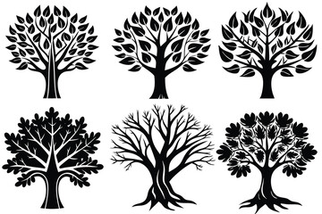 Obraz premium Collection of Six Black and White Tree Silhouettes