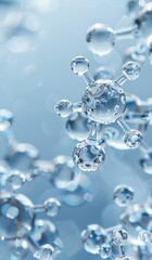 Close-up of water molecules in a blue background. Science, chemistry, and molecular structure concept
