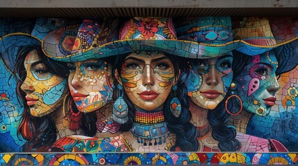 Vibrant Mosaic Wall Art Celebrating Hispanic Heritage Month with Colorful Female Portraits