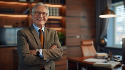 Happy mid aged older business man executive standing in office.