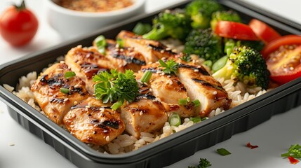 Fototapeta premium 3D model of a lunchbox with a balanced meal of grilled chicken, brown rice, and steamed broccoli, placed on a white table