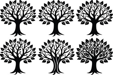 Obraz premium Six Black Silhouettes of Trees with Different Branch Structures and Leaf Arrangements
