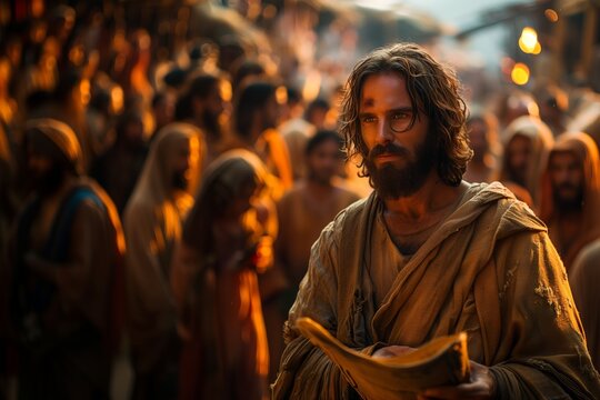 Jesus Teaching the Crowd in Biblical Era Market Scene During Sunset - Powered by Adobe