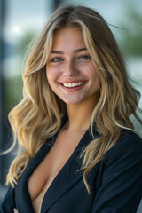Fototapeta premium A portrait of a young, happy businesswoman with a bright smile and confident demeanor, perfect for corporate materials, career profiles, and business-related promotions. 