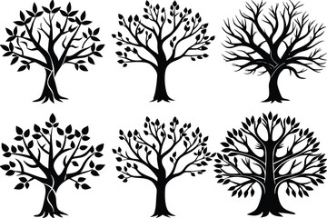 Six Black Silhouettes of Trees with Varying Leaf Density