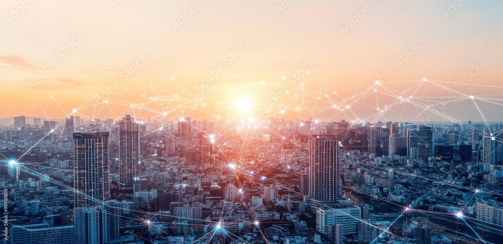 Poster a digital cityscape with connected buildings and data points, representing the integration of ai in 