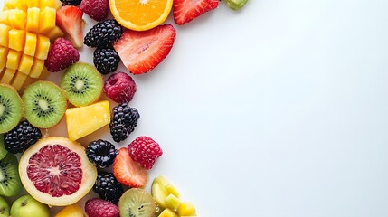 A close-up of a mixed fruit frame with various fruits forming a border on a white background, accented with water drops to highlight the freshness and textures of the fruits. Copy space. 