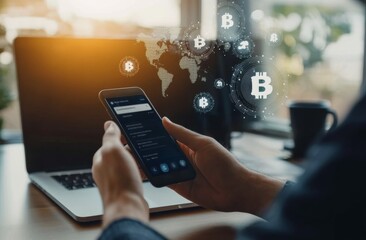 A man holds his phone with an online contact form on the screen, above is a world map and digital currency symbols floating around him
