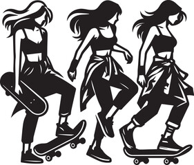 women playing with skateboards Vector Illustration Silhouette