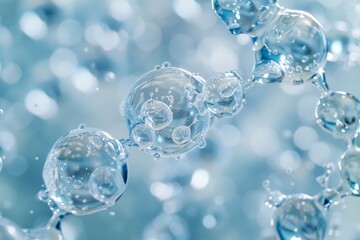 Close-up of water molecules forming a chain in a blue abstract background