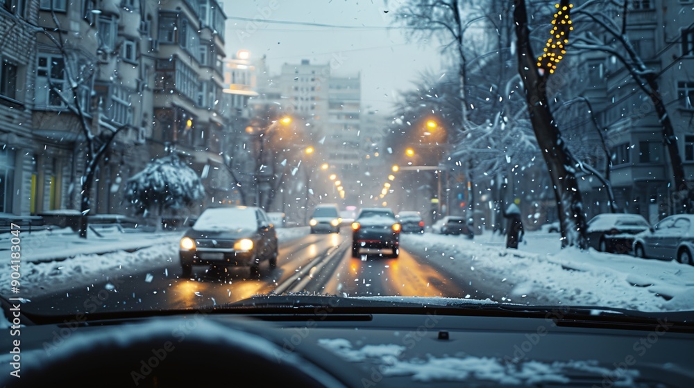 Canvas Prints a car driving down a snowy street next to tall buildings and traffic lights at night time