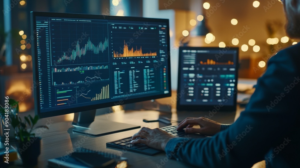 Poster photo of a person analyzing data on a computer screen