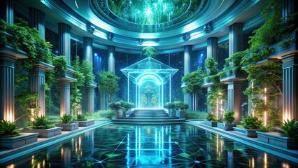 Obraz premium Futuristic temple architecture with holographic projections and greenery , future, technology, architecture