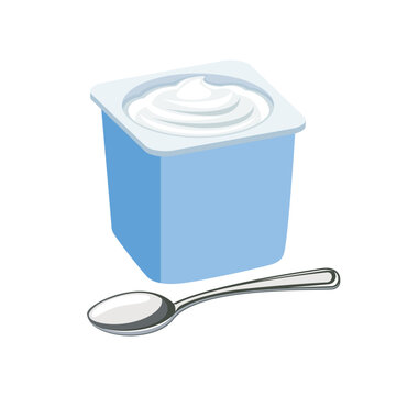 White natural yogurt in plastic cup vector illustration. White plain yogurt cup and spoon icon vector isolated on a white background. Yoghurt in a blue plastic container drawing