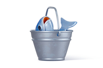 Fishing trophy, fish caught. Fresh fish in the metal bucket isolated on white background. Fishing time concept. 3d rendered illustration © Nadezhda