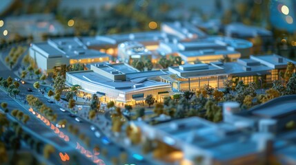 Obraz premium Generate a photo realistic image of a maquette illustrating the expansion of a shopping mall with new stores, dining options, and entertainment areas; ensure the image is of high resolution