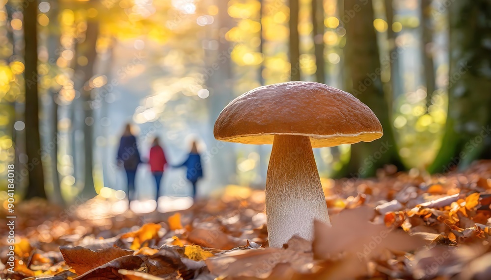 Wall mural a large mushroom in an autumn forest with blurred people walking in the background.