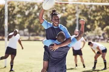 Rugby, team and happy with celebration on field with ball for winning score or touchdown, victory...