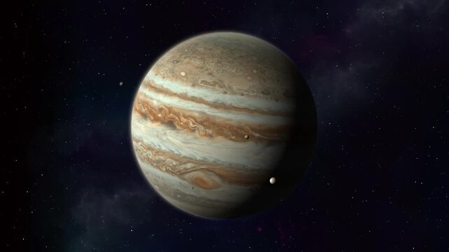 Slowly moving around planet Jupiter, orbited by three of its moons, with a warping Jupiter surface depicting the turbulent storms and a spinning Great Red Spot 