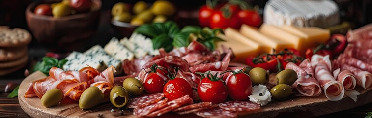 Delicious charcuterie board with assorted meats, cheeses, olives, and fresh vegetables, perfect for gourmet appetizers or party platters.