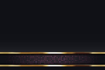 Black background with gold and pink accents.