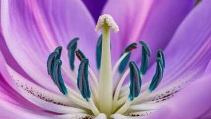 A close up of a purple flower with blue stamen, AI