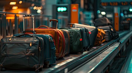 Obraz premium Suitcases and bags on a conveyor belt in an airport