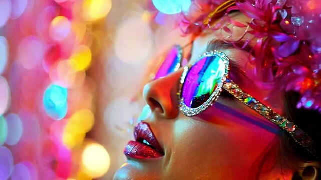 a sophisticated drag queen posing on a stage with dramatic lighting and vibrant backdrops while wearing vibrant makeup and wigs