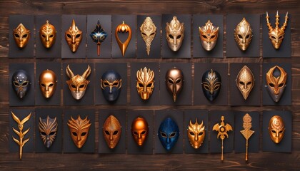 A collection of 24 intricately crafted masks, each with a unique design, arranged in a grid on a rustic wooden background.
