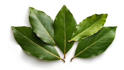 Obraz premium Fresh Green Bay Leaves- Fresh green bay leaves isolated on white, top view, showing vibrant_1(146)