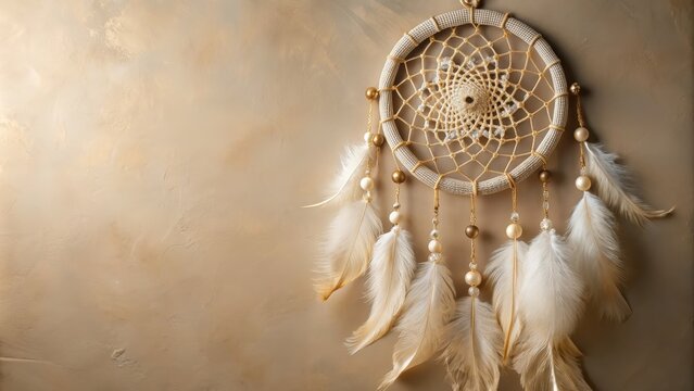 Cream dream catcher hanging with feathers and beads, bohemian, decoration, ethnic, handmade, traditional, weaving