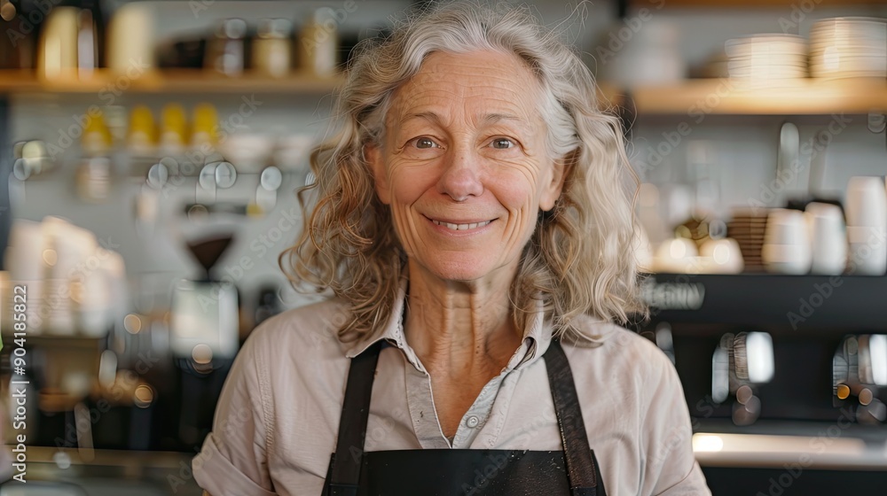 Sticker Portrait of a 50s Caucasian female barista with gray hair posing smiling with apron in a coffee shop.