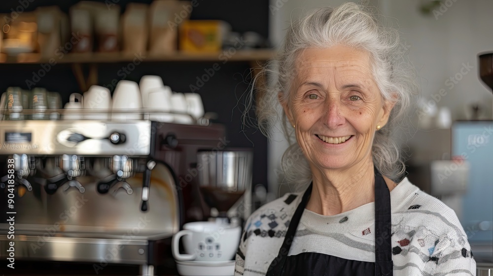 Sticker Portrait of a 50s Caucasian female barista with gray hair posing smiling with apron in a coffee shop.