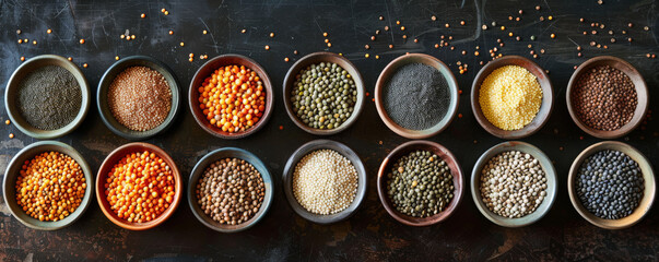 A collection of lentils in small ceramic bowls, arranged in a neat row on a dark background to emphasize their variety.