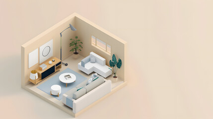 Minimalist living room with neutral tones and modern decor..