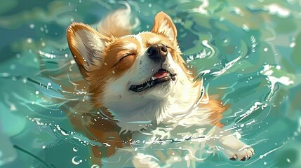 Happy Welsh Corgi dog swimming on water. Picture illustration.