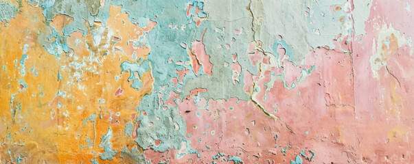 Obraz premium Textured stucco wall with a colorful vintage aesthetic, showing faded hues and delicate patterns, perfect for a retro backdrop.