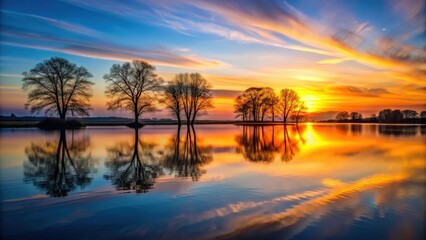Tranquil sunset over a calm lake with silhouetted trees , evening, mood, peaceful, nature, serene, dusk, twilight, sky