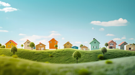 Colorful miniature houses on a green hill under a clear blue sky..