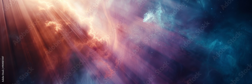 Poster a vibrant and dynamic image featuring abstract light beams in various colors with a nebula-like back