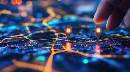 Illustration of digital GPS innovation with Hand Placing two pins on a map, delivery location map, future transportation logistics with GPS. Ai generated image