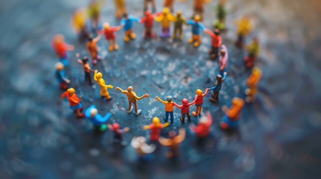 DEI, Diversity equity and inclusion concept. People figures in the circle. Team work, diverse culture. Copy space and selective focus. High quality photo