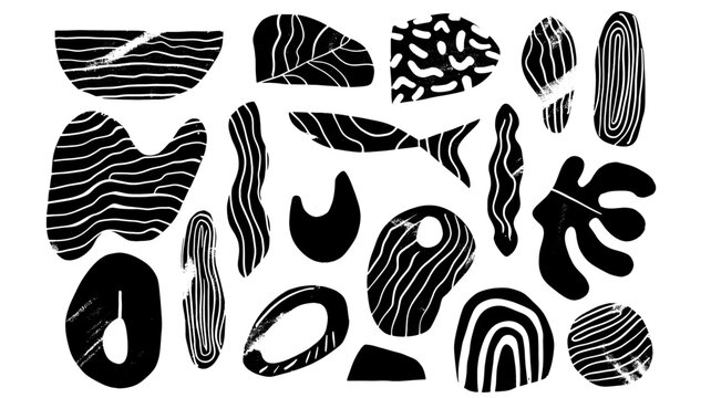 Geometric shapes underwater nature concept, linocut, doodle. Vector separated isolated on transparent background